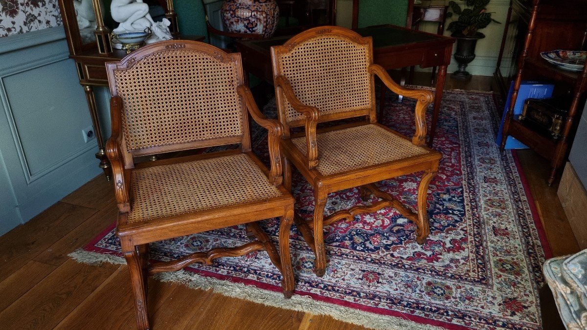 Pair Of Louis XIV Style Caned Armchairs. Late 19th Century.-photo-5