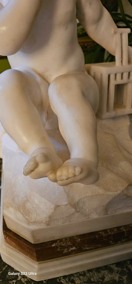 D’après Jean Baptiste Pigalle, Grande Sculpture En Marbre Blanc ‘’l’enfant à La Cage’’ XIX ème.-photo-1