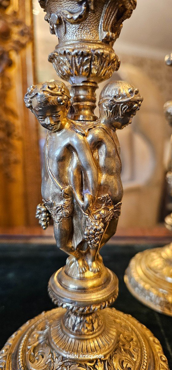 Paire De Flambeaux Aux Putti Vendangeurs, Bronze Doré époque Napoléon III-photo-1