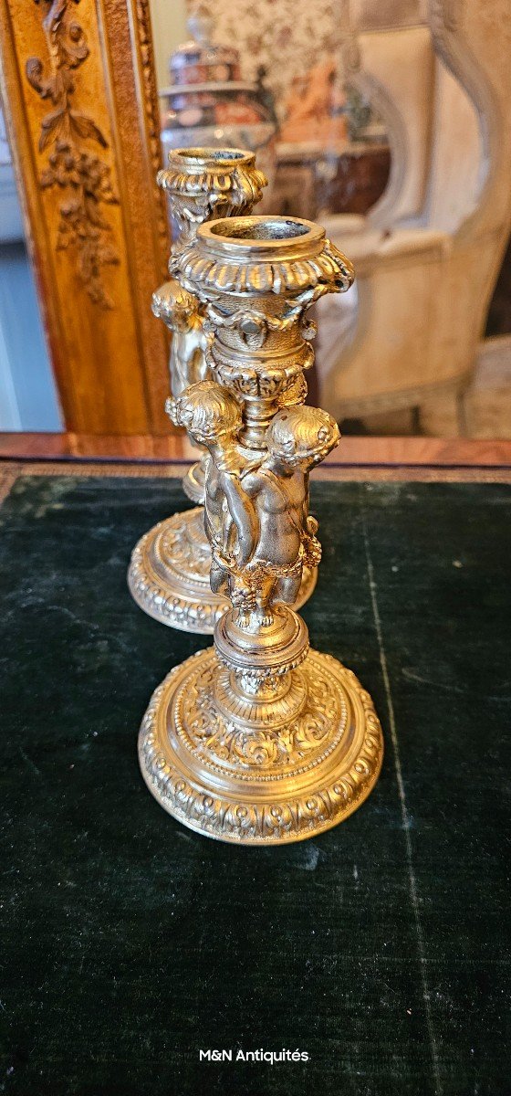 Paire De Flambeaux Aux Putti Vendangeurs, Bronze Doré époque Napoléon III-photo-3