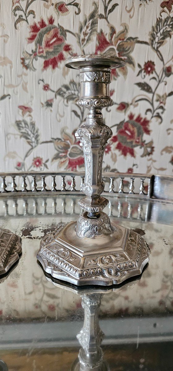 Pair Of Regency Style Candlesticks In Silvered Bronze, 19th Century.-photo-2