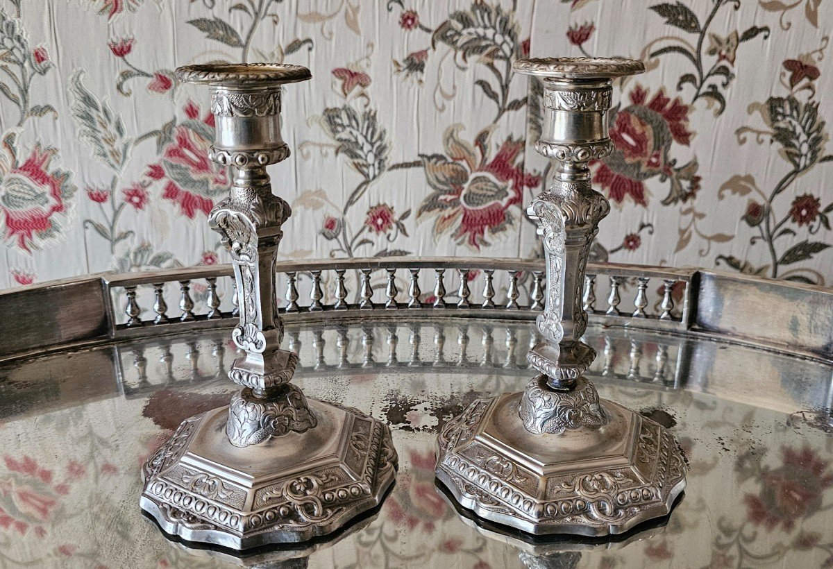 Pair Of Regency Style Candlesticks In Silvered Bronze, 19th Century.