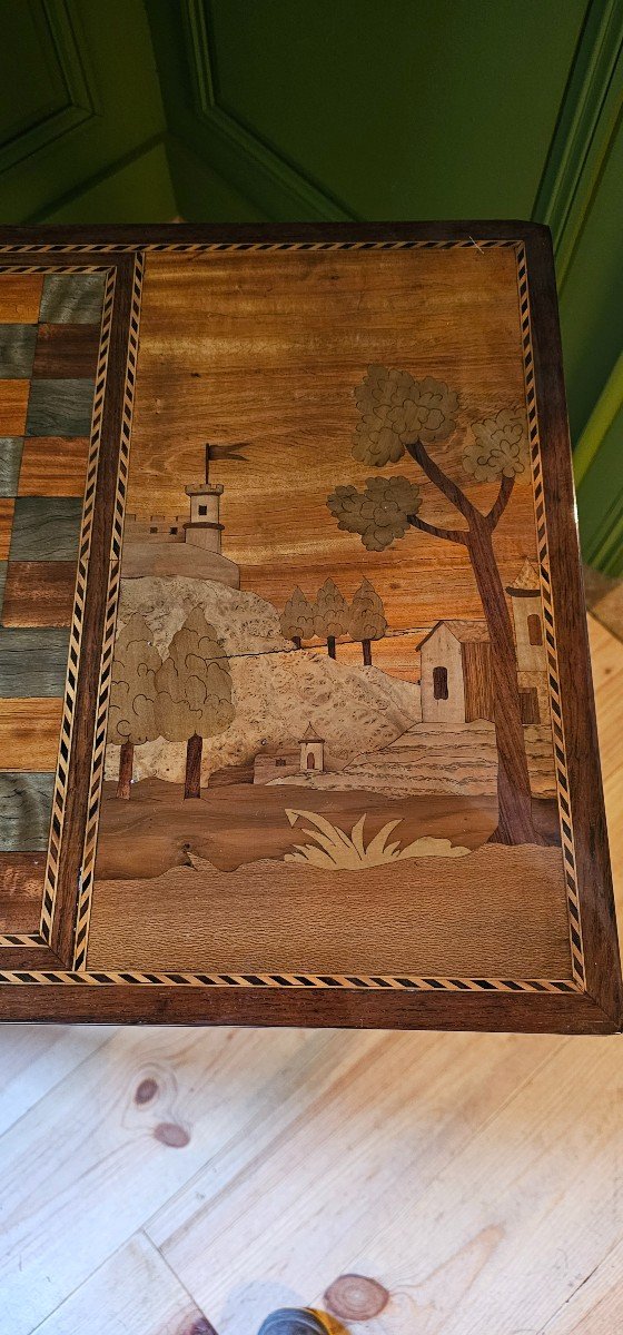 Louis XVI Style Games Table And Its Landscape Marquetry. 19th Century-photo-2