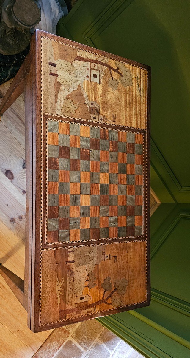 Louis XVI Style Games Table And Its Landscape Marquetry. 19th Century-photo-3