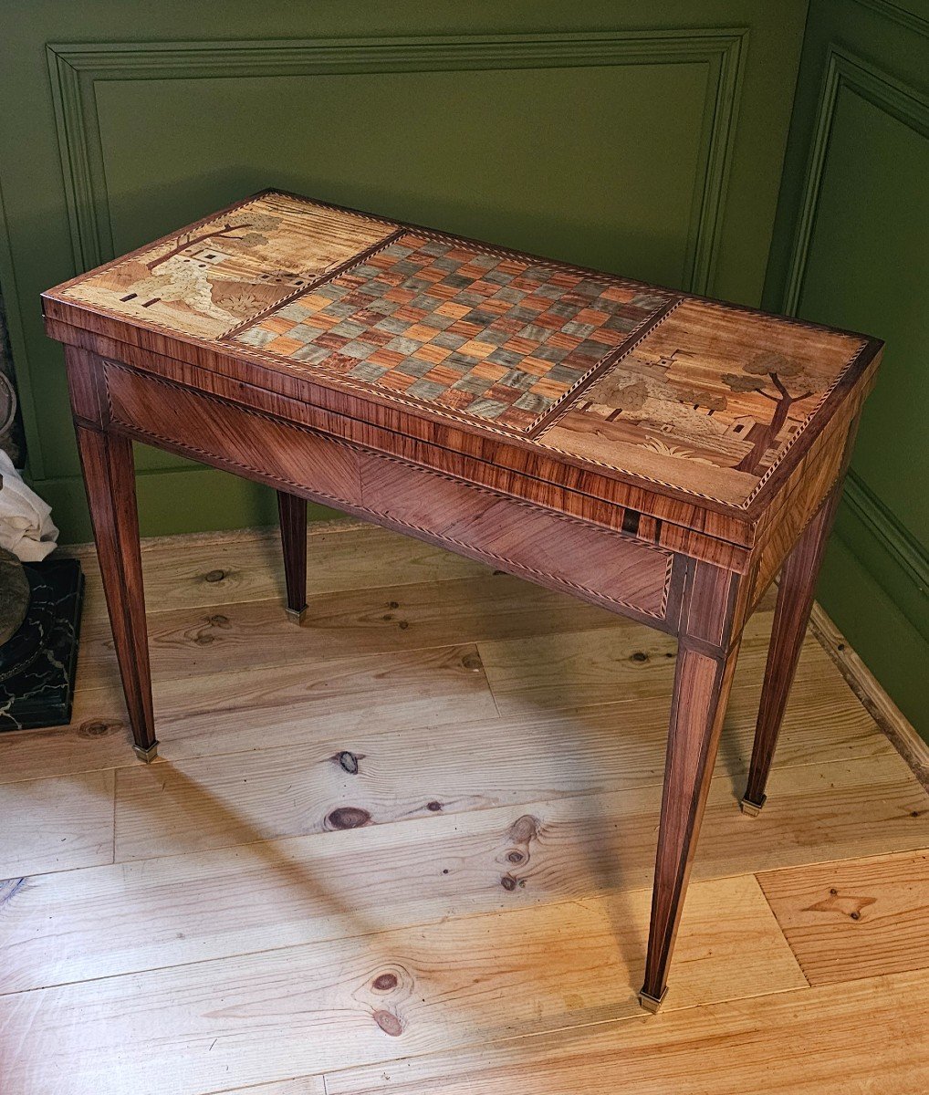 Louis XVI Style Games Table And Its Landscape Marquetry. 19th Century