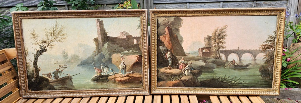 Paire D’huile Sur Toile D’un élève De Joseph Vernet, époque XVIIIème Siècle. 