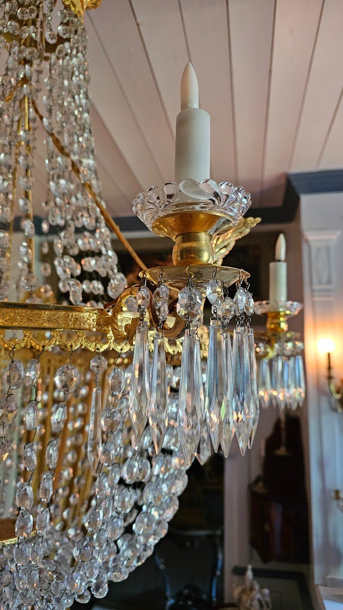 Large Basket Chandelier With 6 Lights, Circa 1810-1820 In Gilt Bronze And Cut Crystal. -photo-3