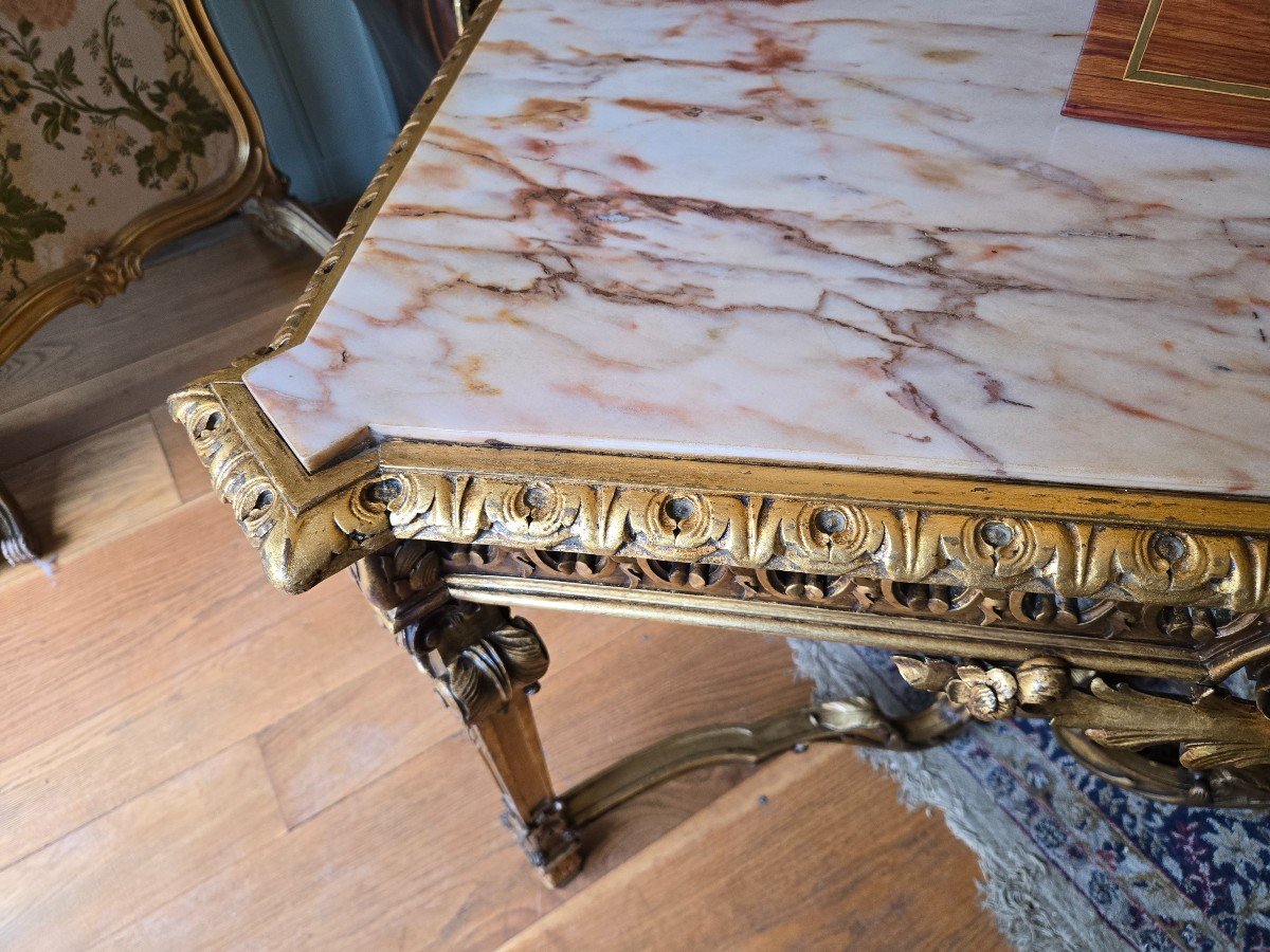 Louis XIV Style Center Table In Gilded Wood, 19th Century. -photo-4