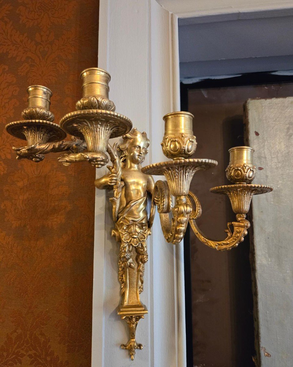 Pair Of Bronze Light Arms With Female Terms, Regency Style.-photo-5