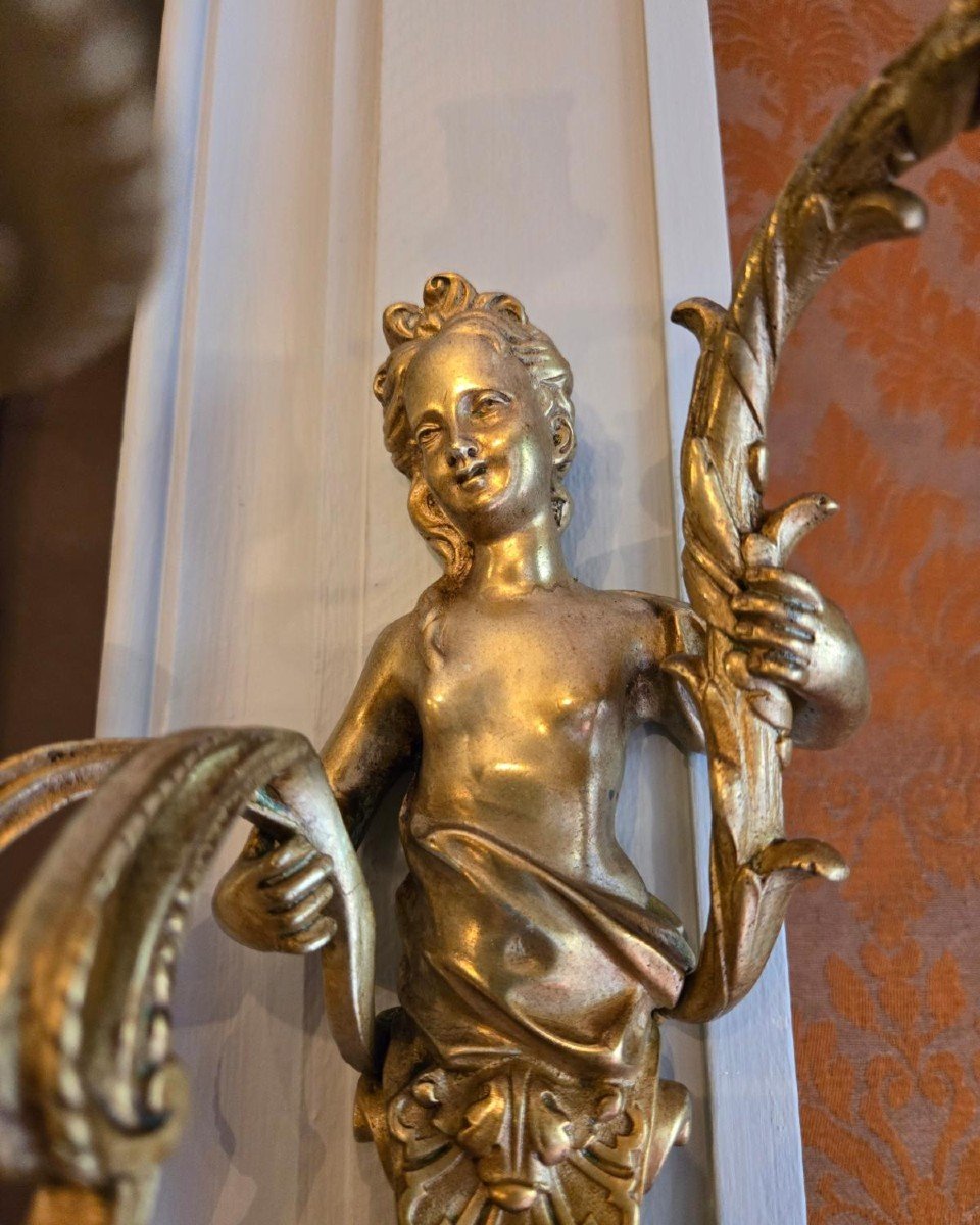 Pair Of Bronze Light Arms With Female Terms, Regency Style.