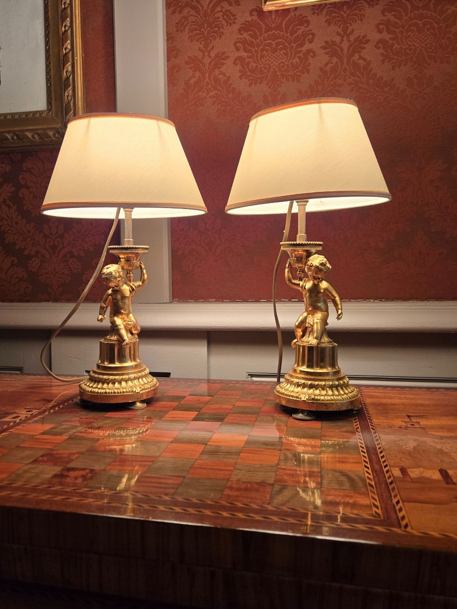 Pair Of Louis XVI Style Gilt Bronze Children's Lamps.  