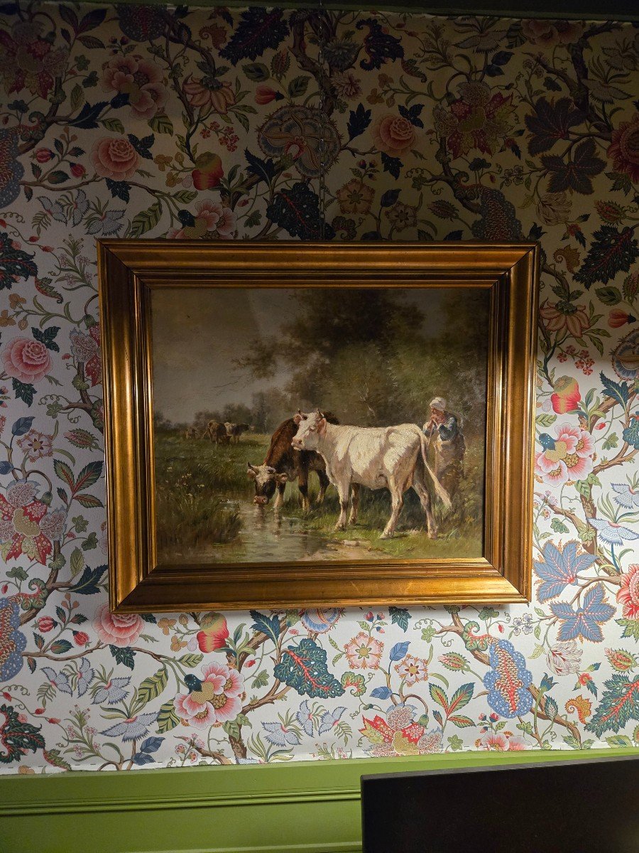 Vaches Buvant à Une Mare, Huile Sur Toile XIXème, école De Barbizon.-photo-2