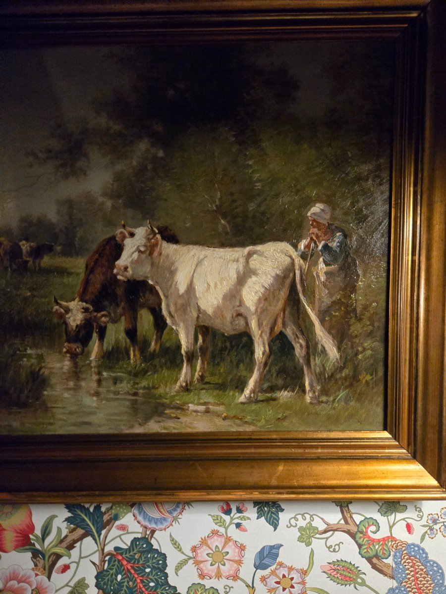 Vaches Buvant à Une Mare, Huile Sur Toile XIXème, école De Barbizon.-photo-3