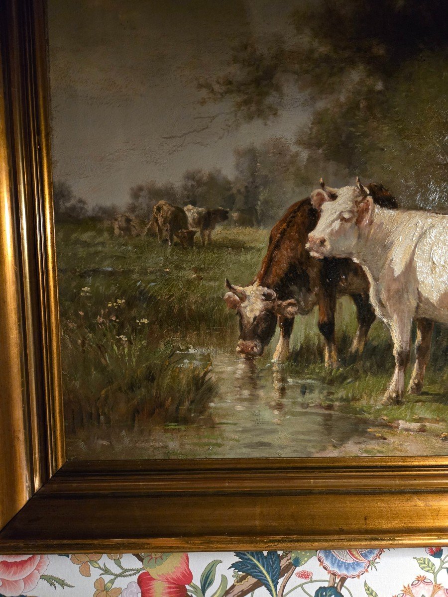 Vaches Buvant à Une Mare, Huile Sur Toile XIXème, école De Barbizon.-photo-4