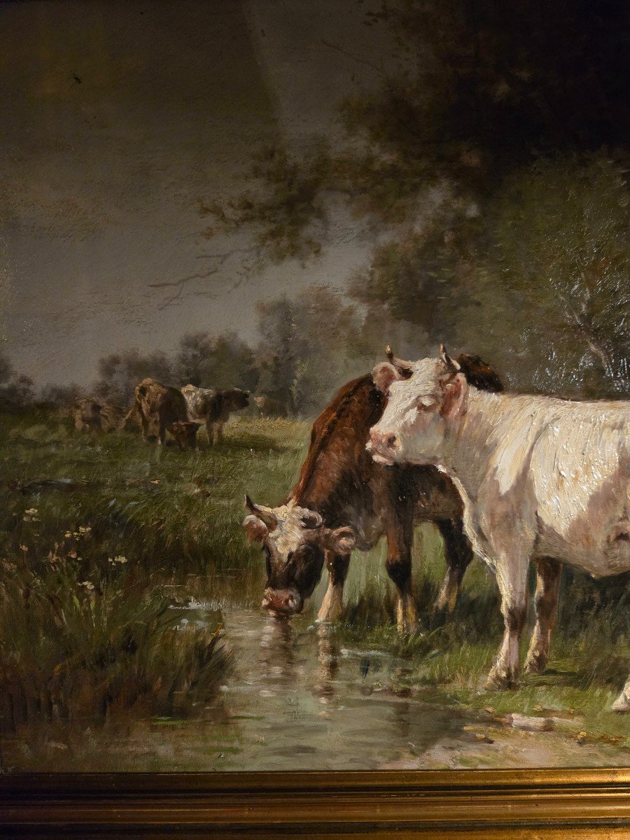 Vaches Buvant à Une Mare, Huile Sur Toile XIXème, école De Barbizon.-photo-2