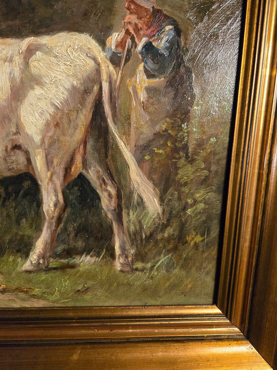 Vaches Buvant à Une Mare, Huile Sur Toile XIXème, école De Barbizon.-photo-4