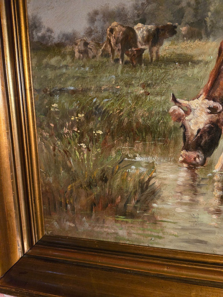 Vaches Buvant à Une Mare, Huile Sur Toile XIXème, école De Barbizon.-photo-5