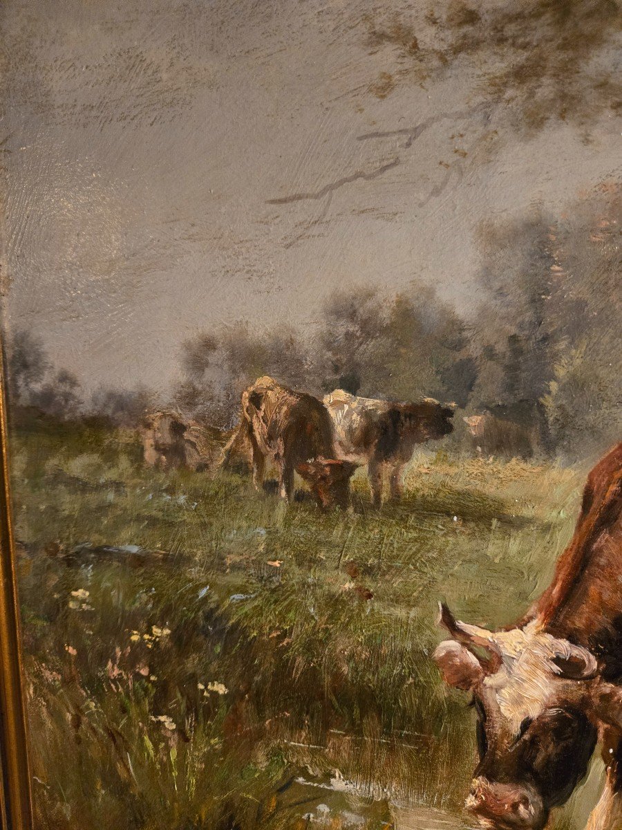 Vaches Buvant à Une Mare, Huile Sur Toile XIXème, école De Barbizon.-photo-6