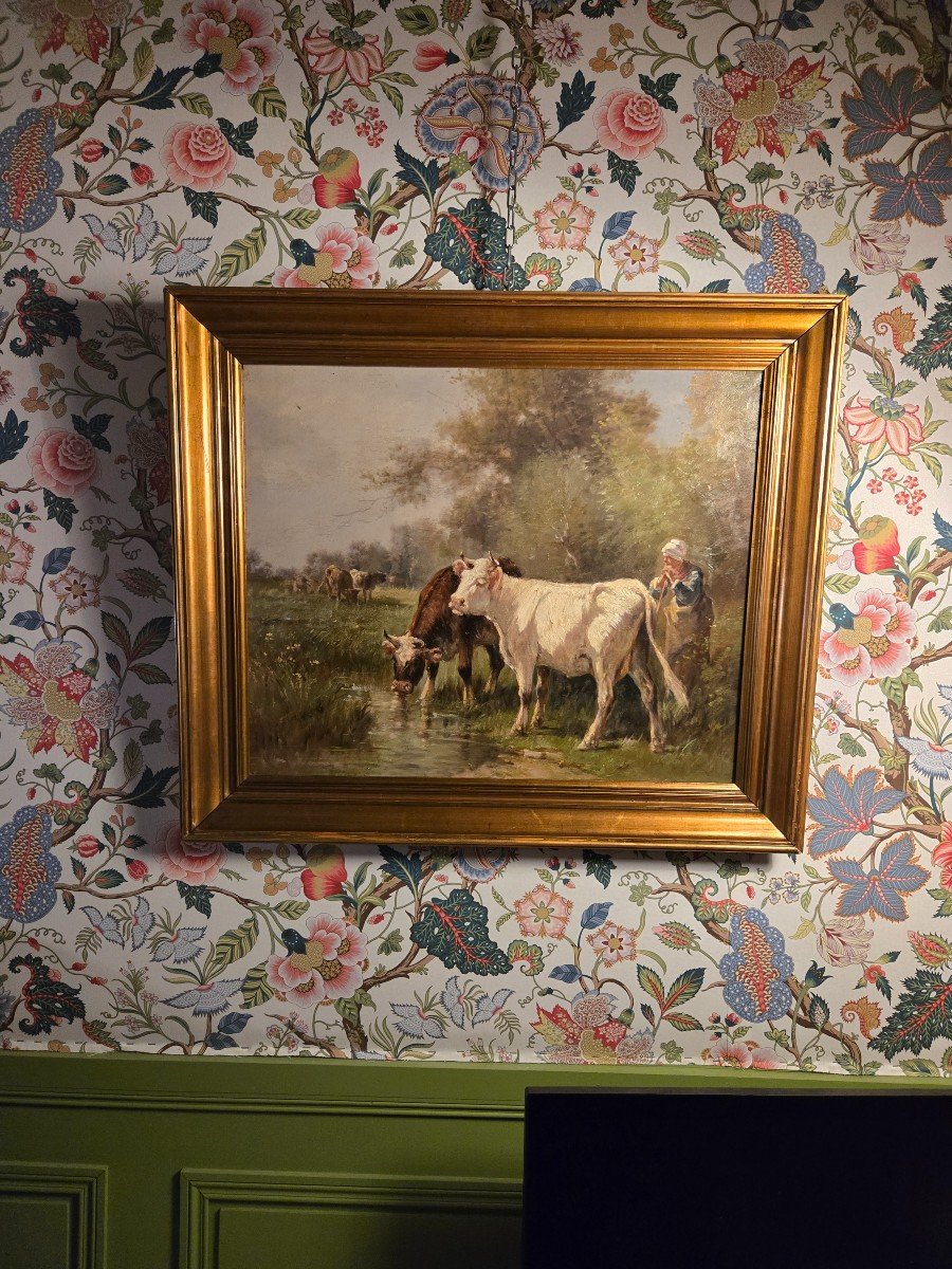 Vaches Buvant à Une Mare, Huile Sur Toile XIXème, école De Barbizon.-photo-8