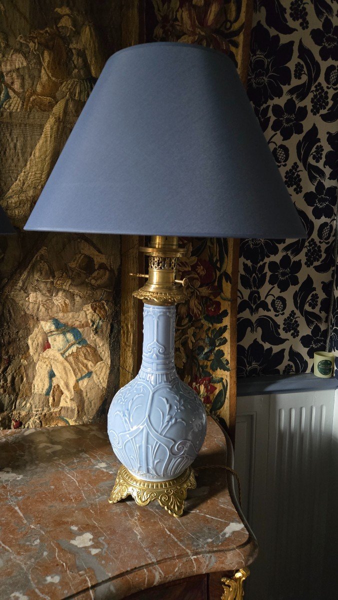 Paire De Lampe En Porcelaine Bleu Céladon XIX ème-photo-3