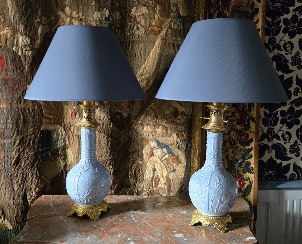 Paire De Lampe En Porcelaine Bleu Céladon XIX ème