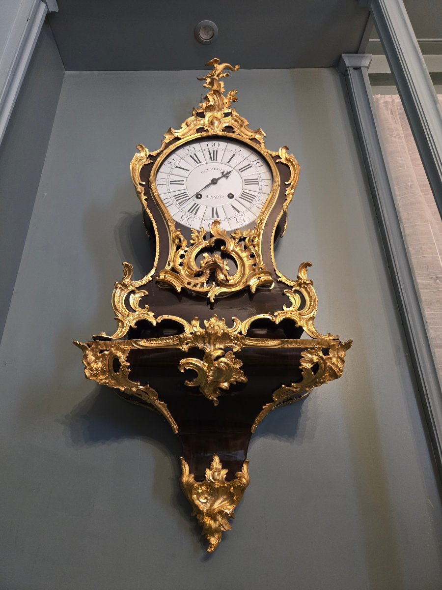 Important Louis XV Wall Clock And Console – Varnished Wood And Chiseled Gilt Bronze.   -photo-3