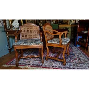 Pair Of Louis XIV Style Caned Armchairs. Late 19th Century.