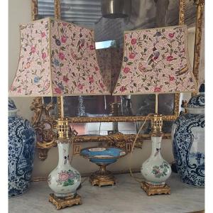 Pair Of Celadon Porcelain Lamps With Asian Decors