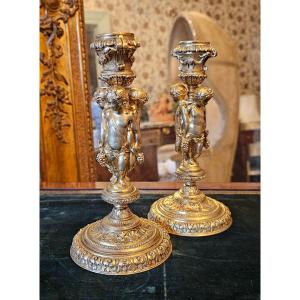 Paire De Flambeaux Aux Putti Vendangeurs, Bronze Doré époque Napoléon III