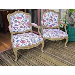 Pair Of Chassis Armchairs, Louis XV Style, Stamped.