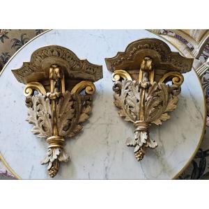 Pair Of Wall Consoles In Lacquered And Gilded Wood, 18th Century. 