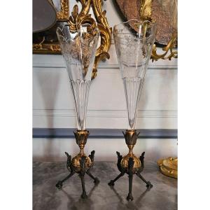 Paire De Soliflore Cristal Et Bronze, Pieds Tripodes, XIXe 