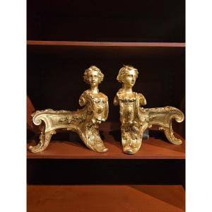 Pair Of Gilt Bronze Andiron Heads, Regence Style.