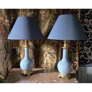 Paire De Lampe En Porcelaine Bleu Céladon XIX ème