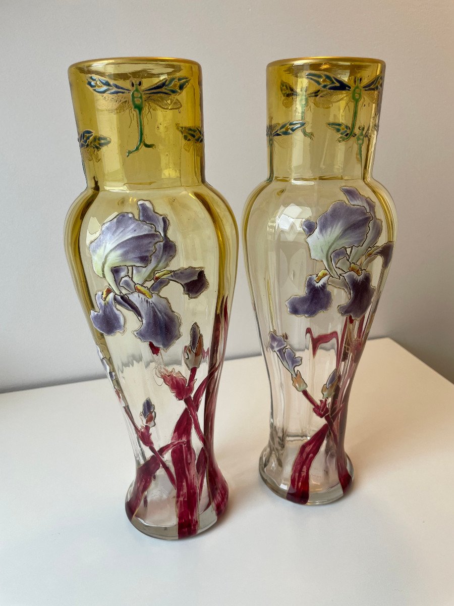 Pair Of Legras Vases Decorated With Irises And Dragonflies-photo-2