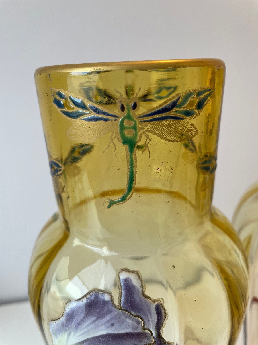 Pair Of Legras Vases Decorated With Irises And Dragonflies-photo-1