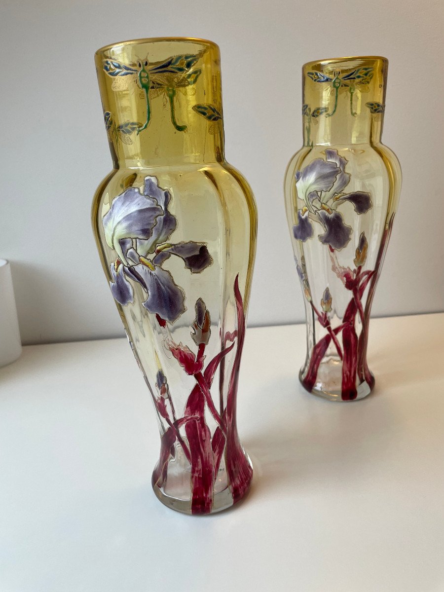 Pair Of Legras Vases Decorated With Irises And Dragonflies-photo-2