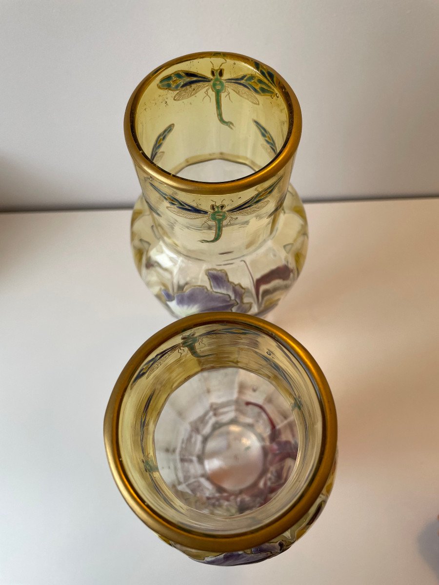 Pair Of Legras Vases Decorated With Irises And Dragonflies-photo-3