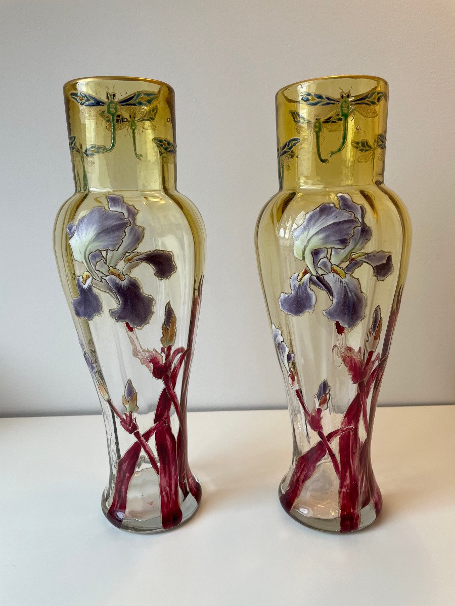 Pair Of Legras Vases Decorated With Irises And Dragonflies