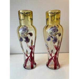 Pair Of Legras Vases Decorated With Irises And Dragonflies