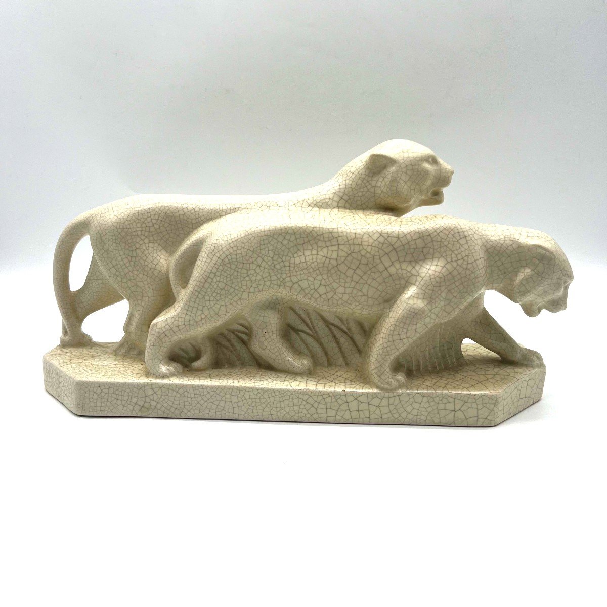 2 Lionesses Walking, Art Deco Crackle Ceramic-photo-2