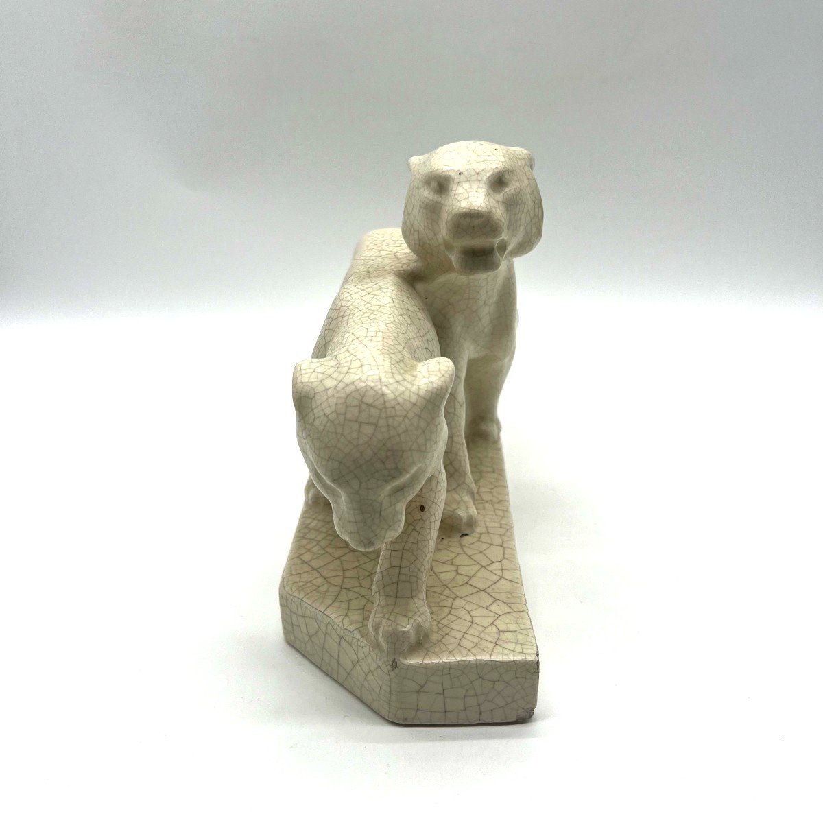 2 Lionesses Walking, Art Deco Crackle Ceramic-photo-3