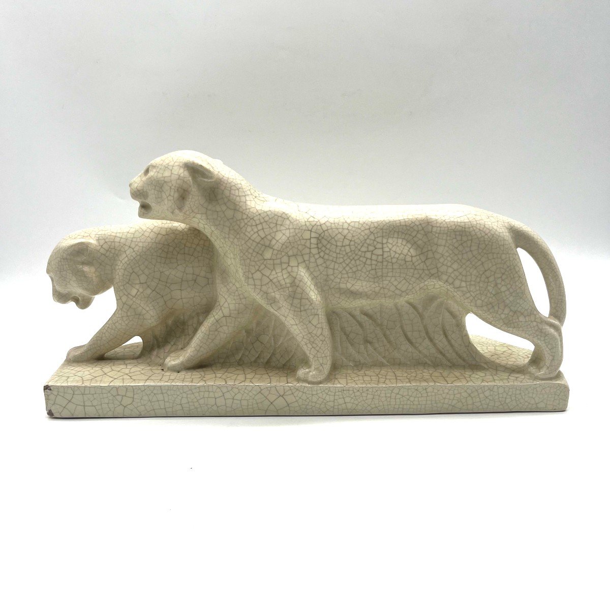 2 Lionesses Walking, Art Deco Crackle Ceramic-photo-4