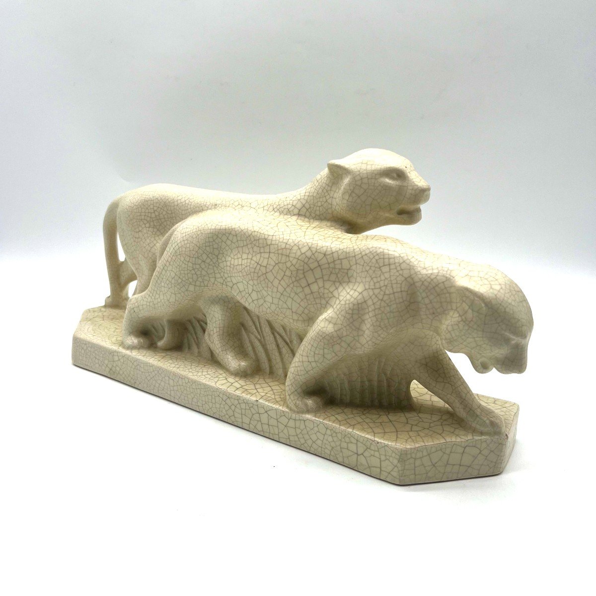 2 Lionesses Walking, Art Deco Crackle Ceramic