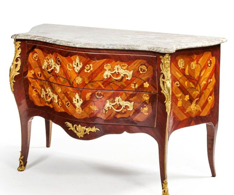 Stamped Walter – Beautiful Chest Of Drawers In Marquetry Of Flowered And Leafy Stems – 18th Century-photo-2