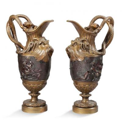  Paire d'Aiguières En Bronze Doré Et Bronze Patiné - XIXème Siècle