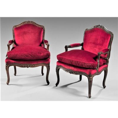 Stamped 'm. Cresson" - Pair Of Armchairs With Flat Backs - Louis XV Period