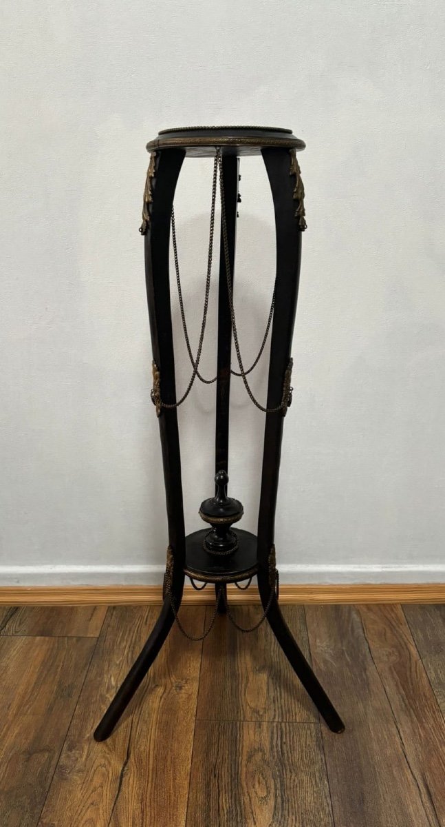 Antique Wooden Plant Stand With Bronze Details-photo-4