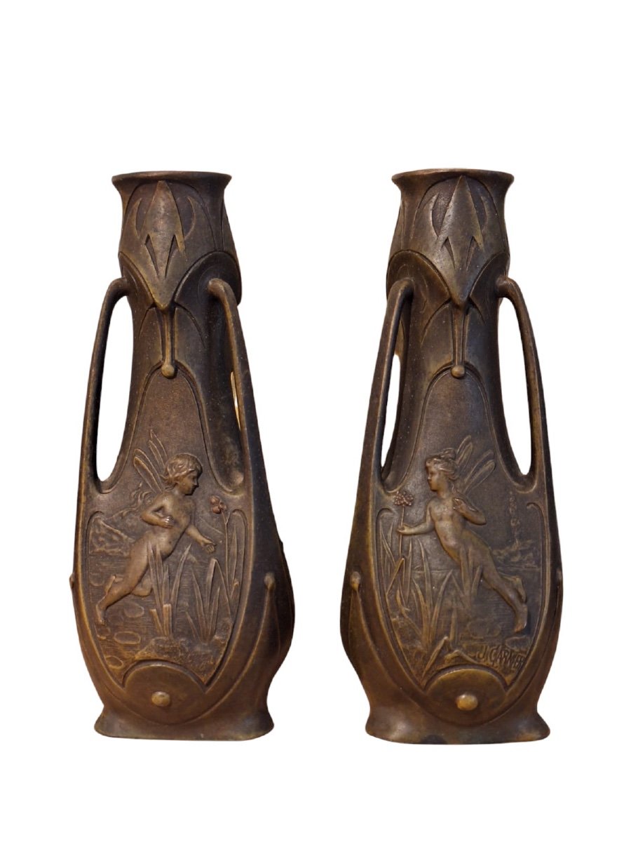 Pair Of Art Nouveau Vases, Signed J. Garnier