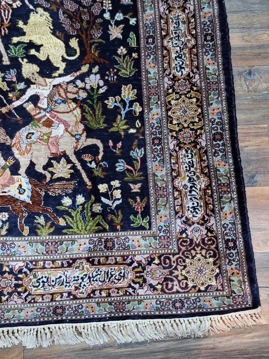 Vintage Hand Knotted Silk Rug Kashmir, India-photo-3